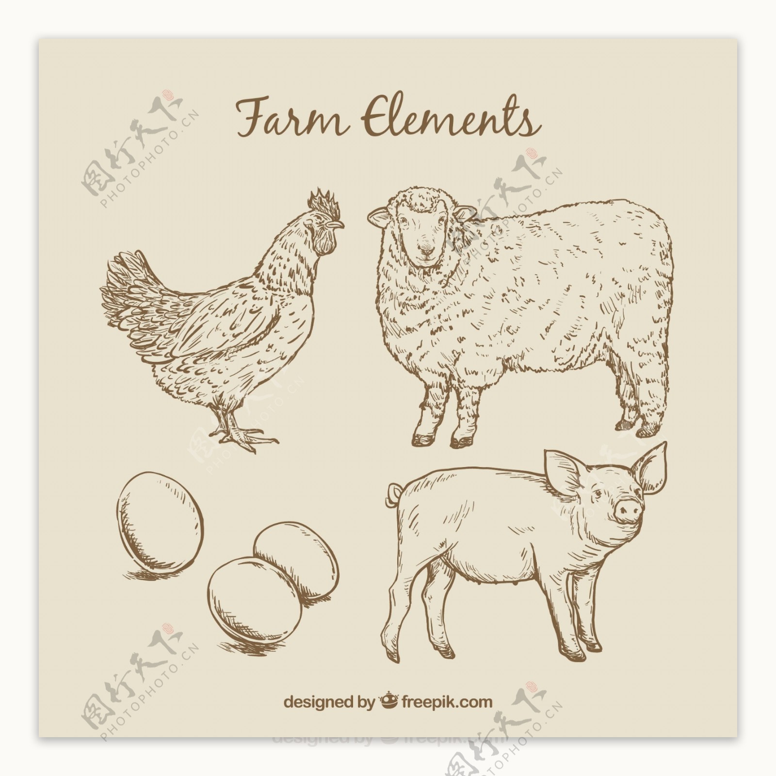 素描农场动物和鸡蛋