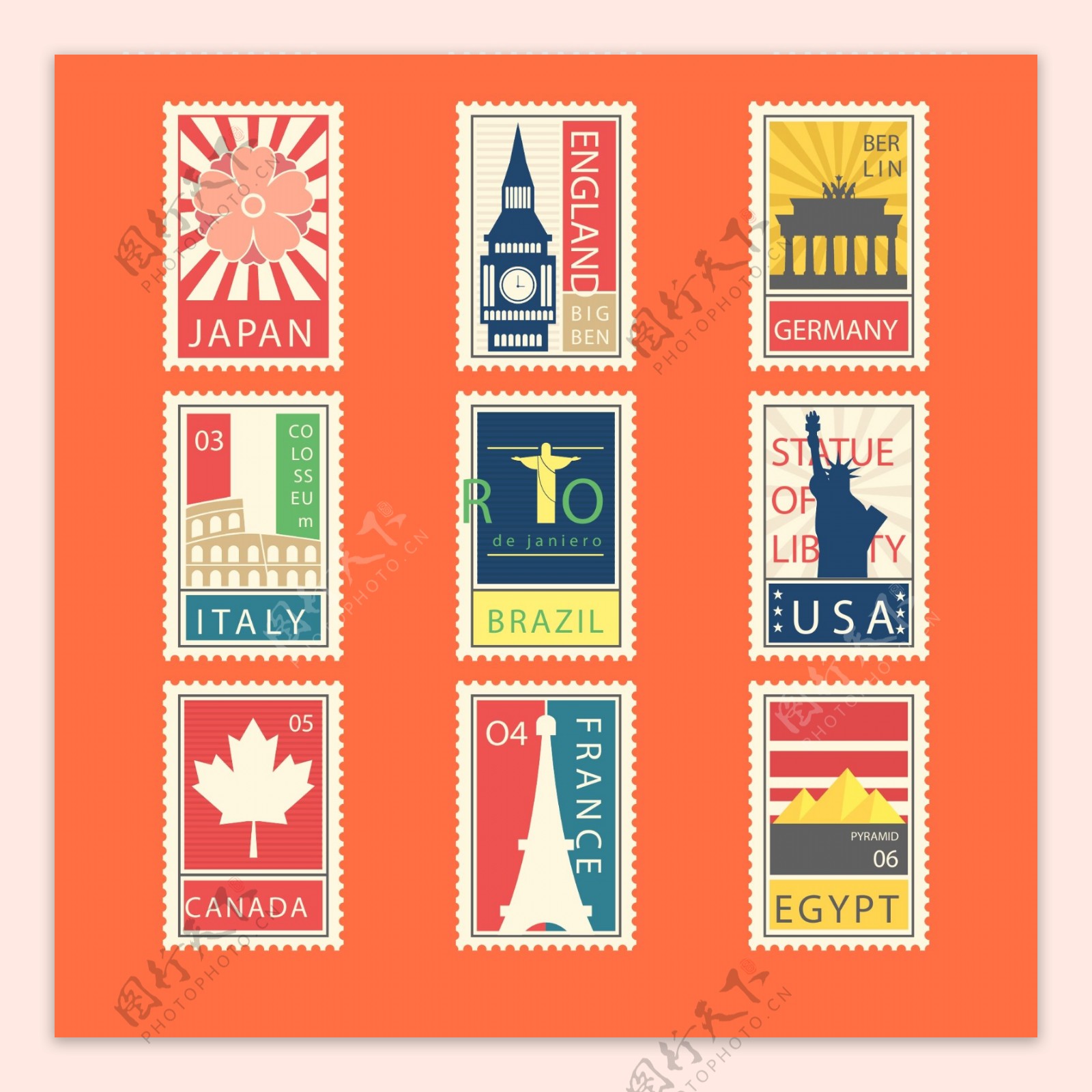 九张彩色的城市邮票