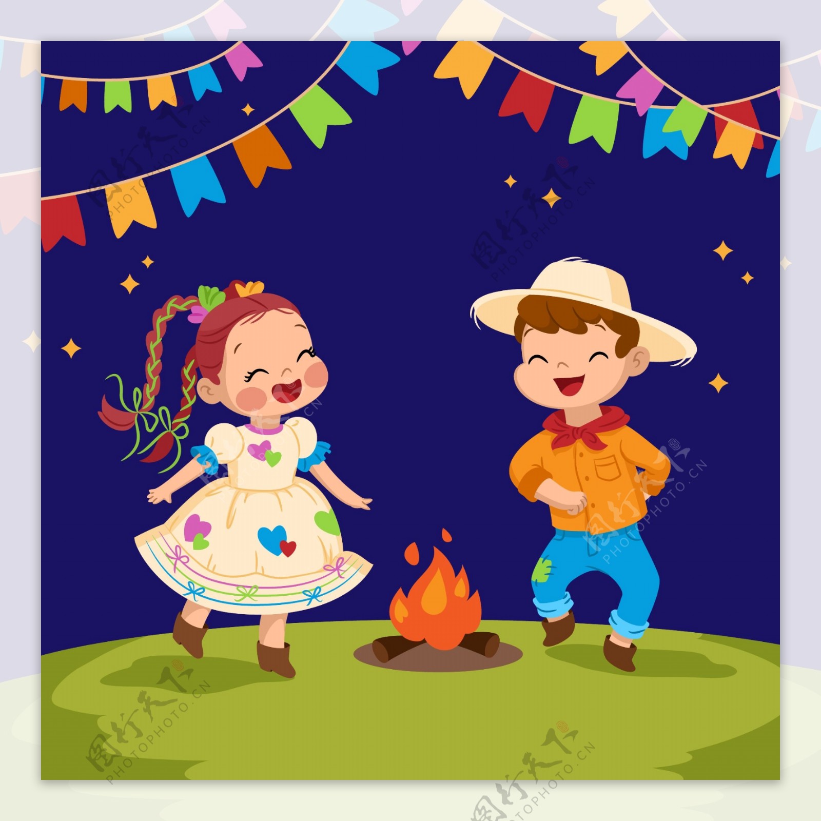 孩子们在篝火边上跳舞