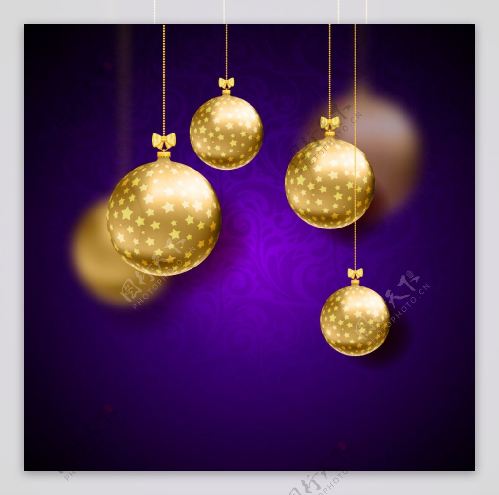 金色圣诞吊球紫底背景矢量素材