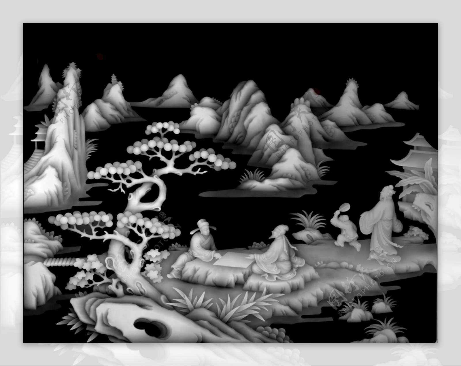 山水风景人物下棋作画浮雕灰度图
