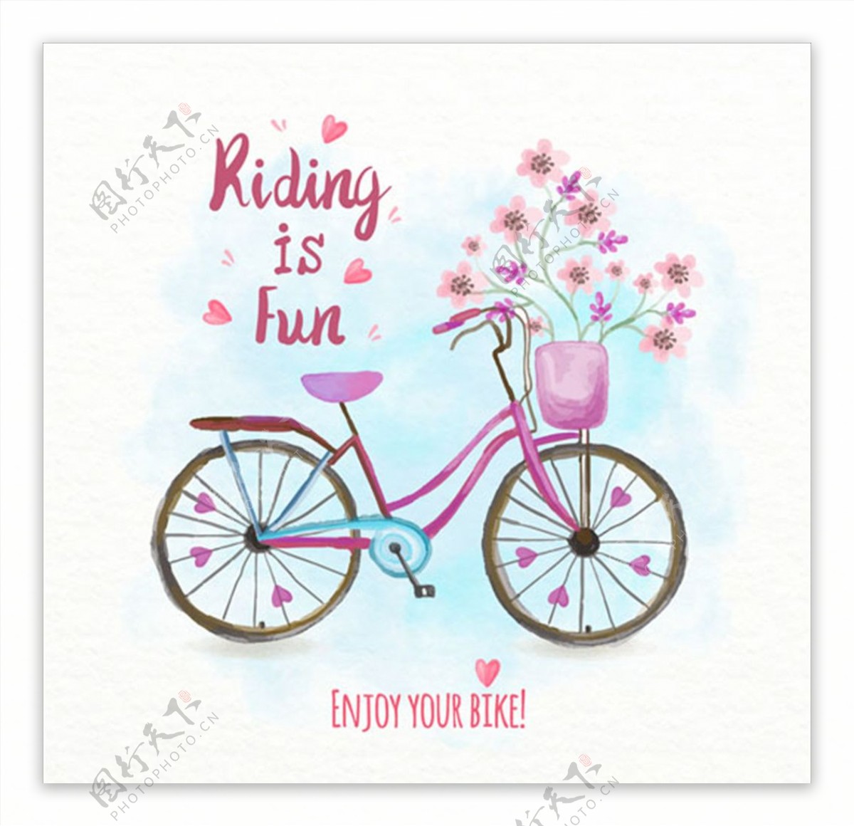 手绘水彩自行车花卉海报