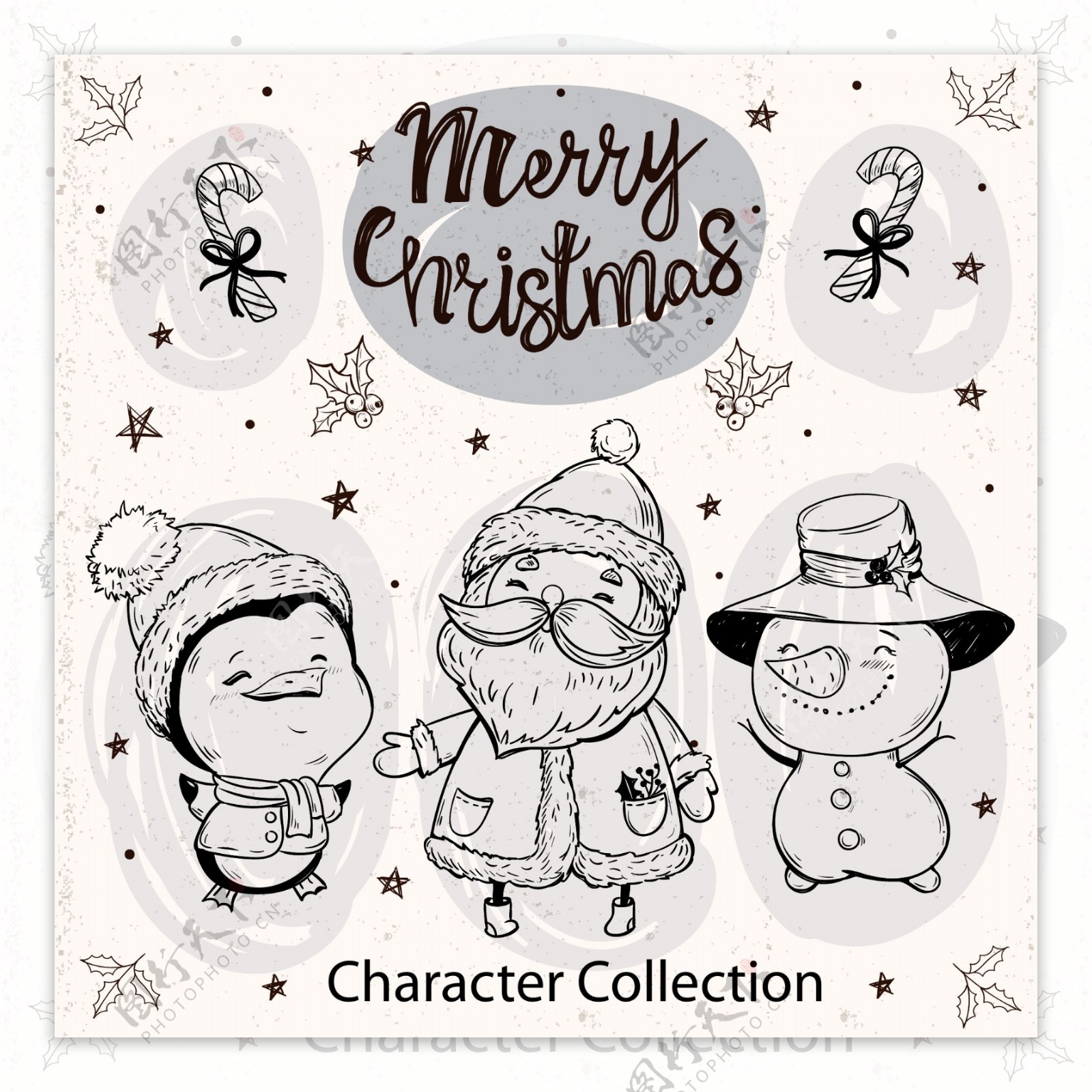 手绘圣诞节雪人企鹅和圣诞老人