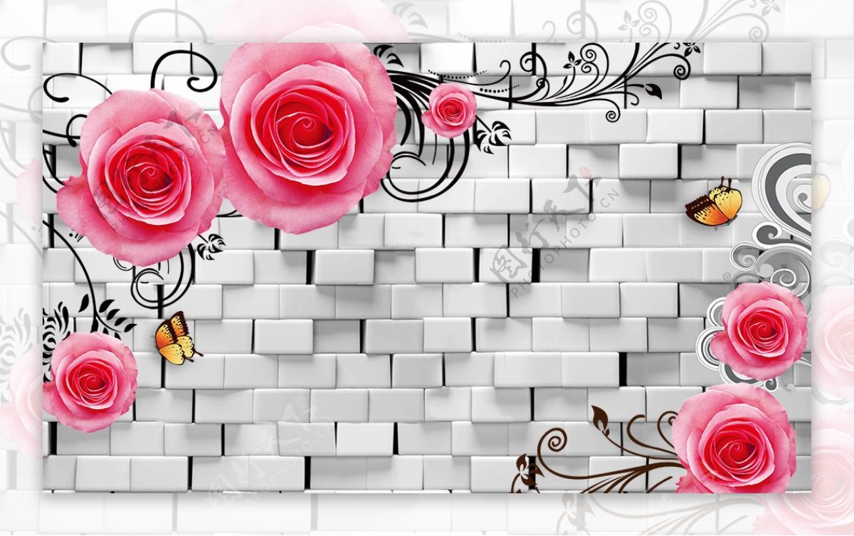3D砖墙玫瑰背景墙分层