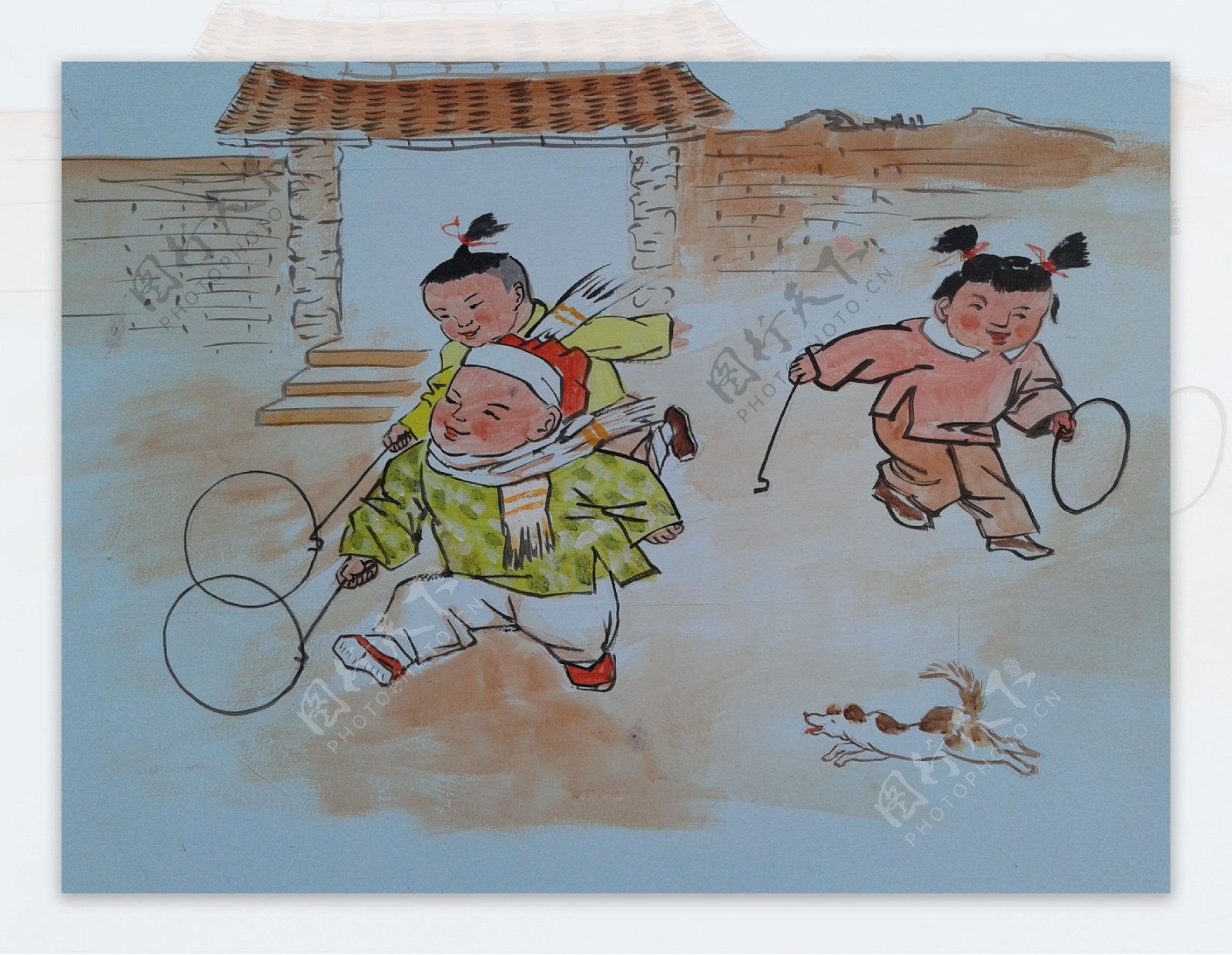 中国传统游戏校园文化铁环绘