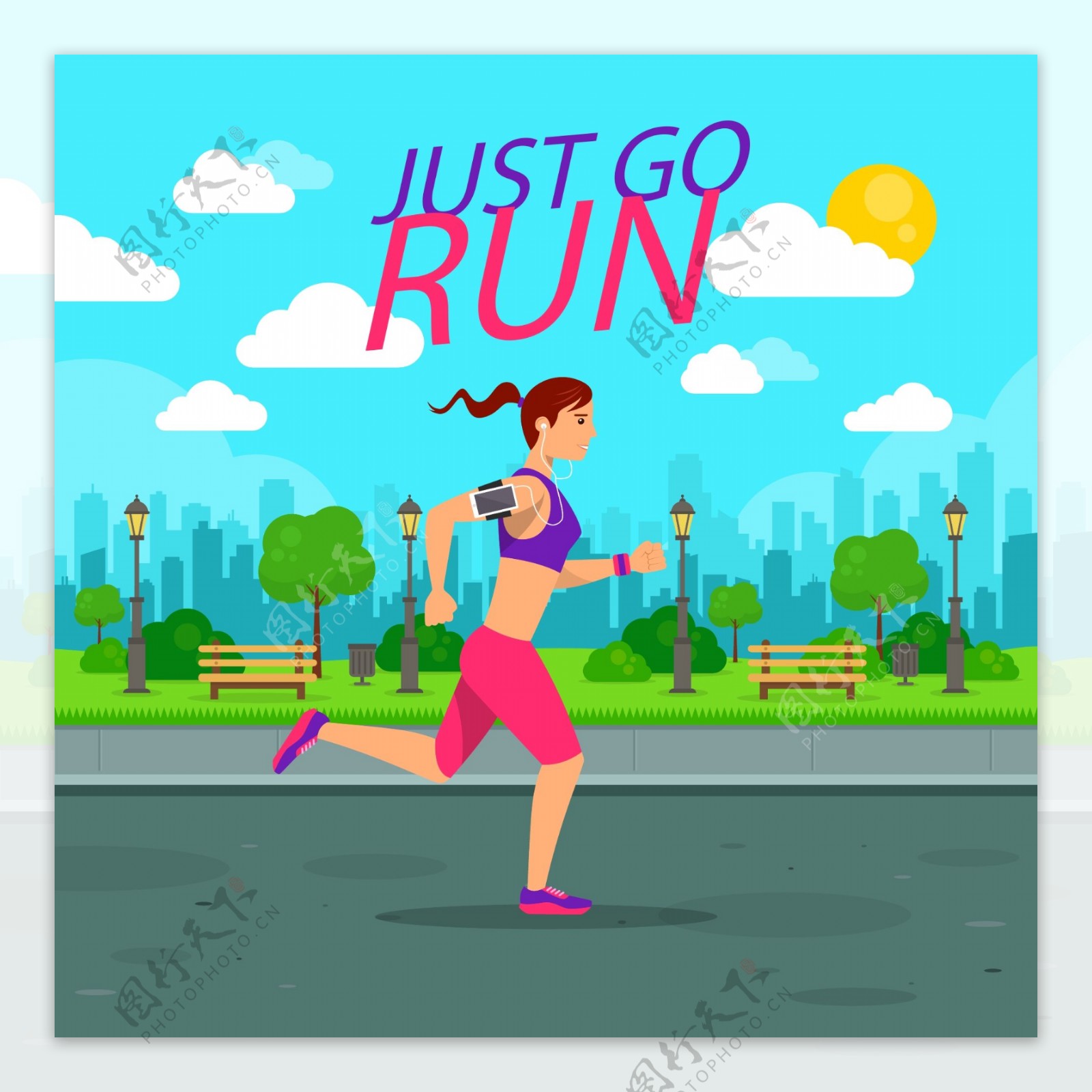 卡通女子跑步锻炼海报