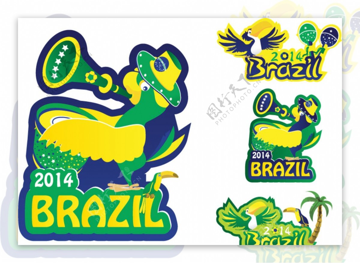 巴西世界杯鹦鹉与大嘴鸟标贴矢量