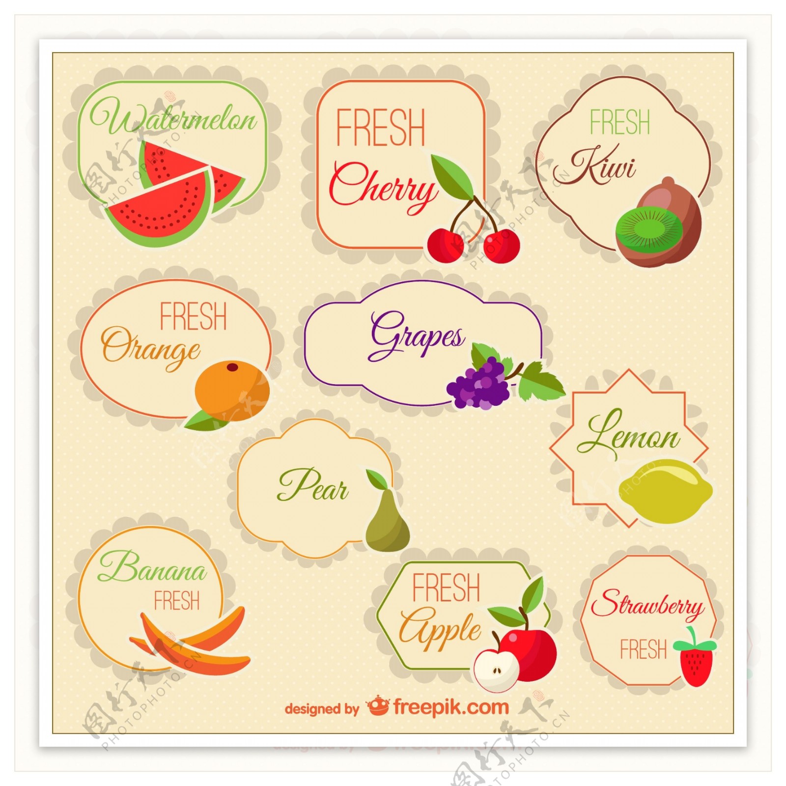 10款彩色水果标签矢量素材