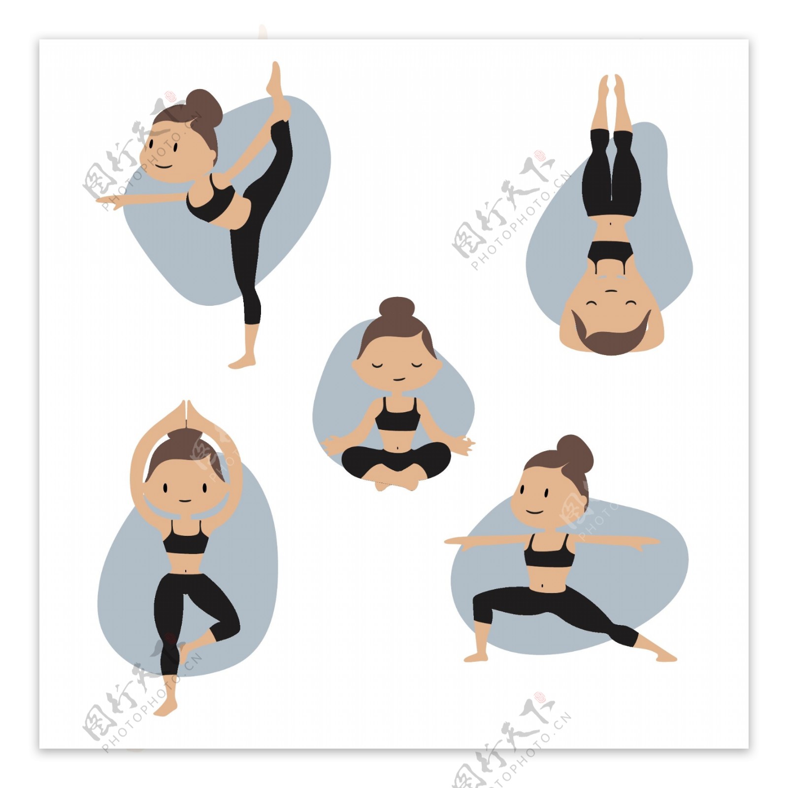 五款卡通女子瑜伽动作元素