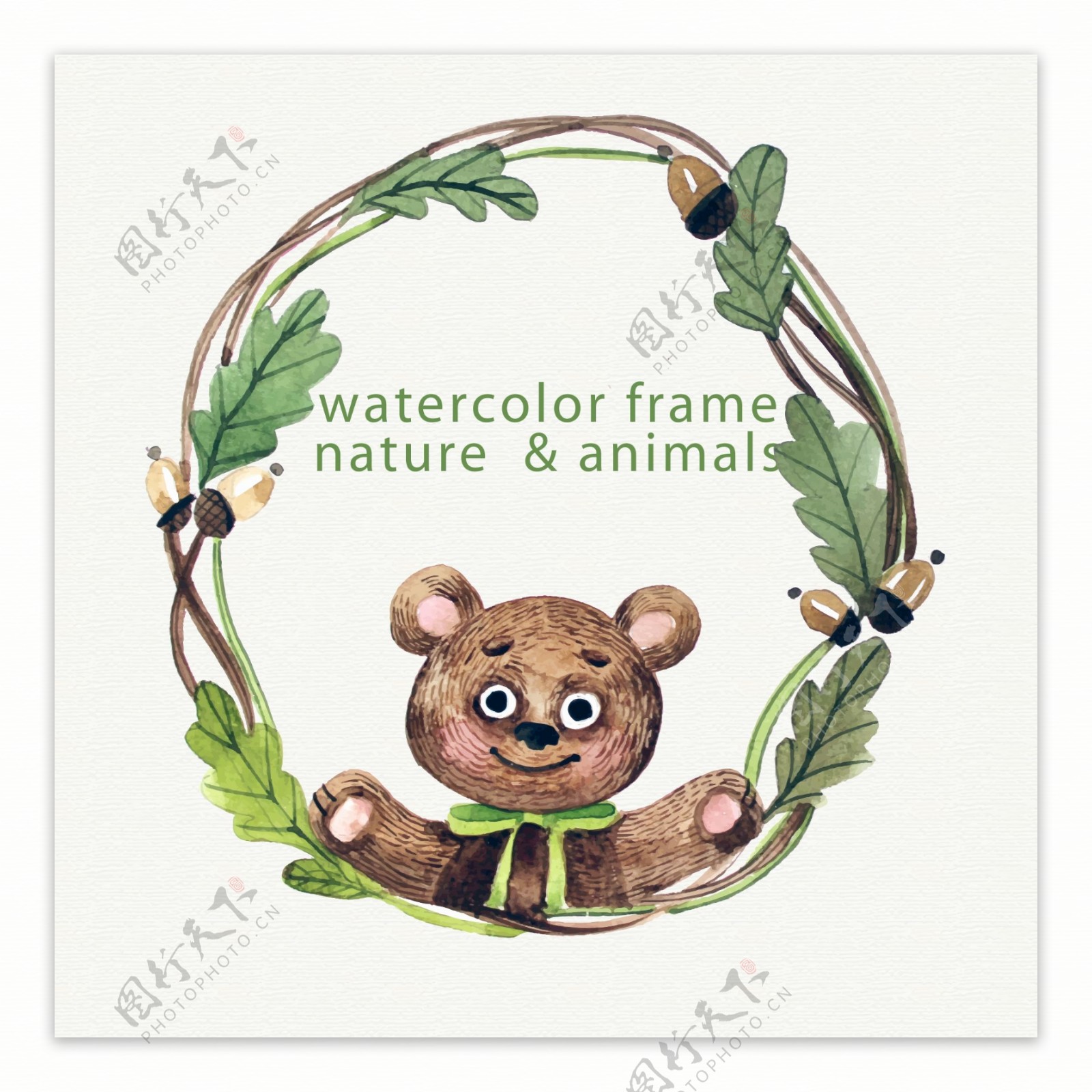 水彩绘熊和树枝边框矢量素材