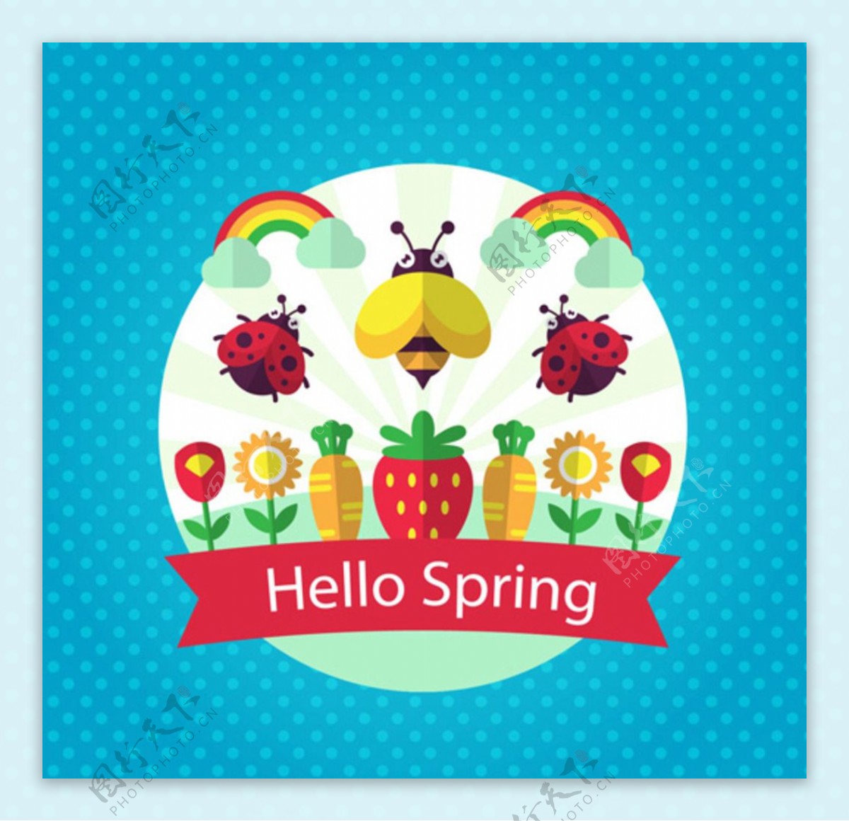 卡通春季彩虹蜜蜂花卉海报
