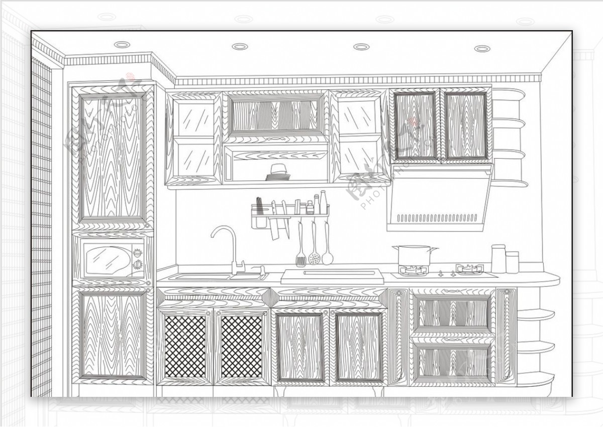 整套厨房线描图