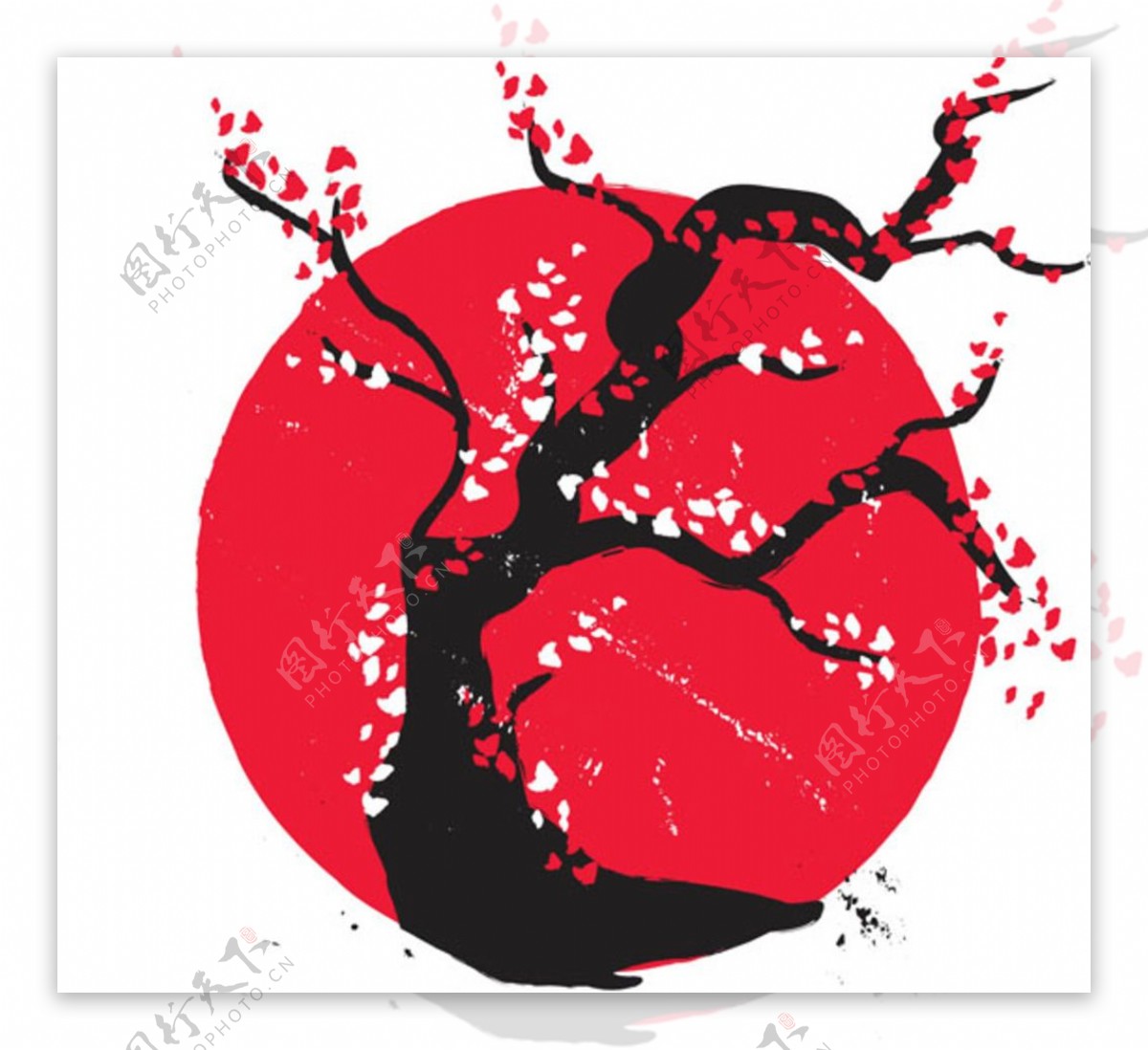 日式拓印春季花树插图