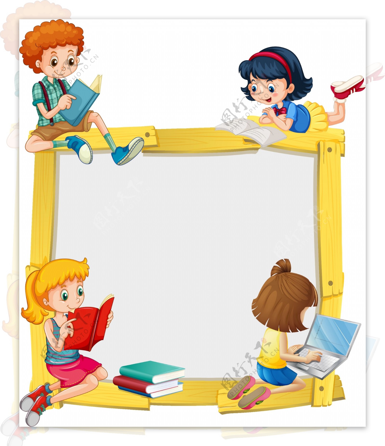 卡通儿童节看书的孩子框架