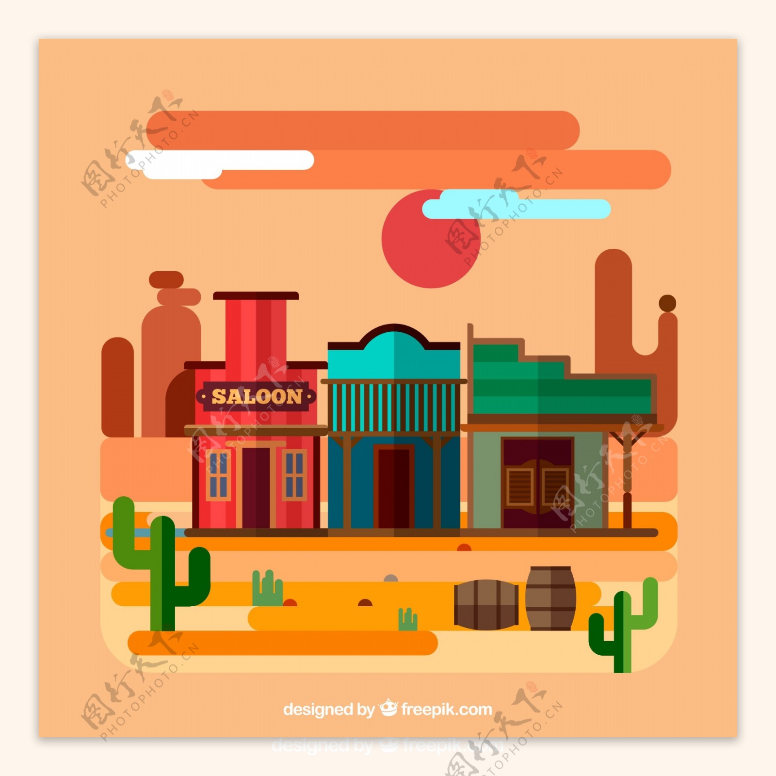 扁平化西部沙漠和商铺风景矢量图