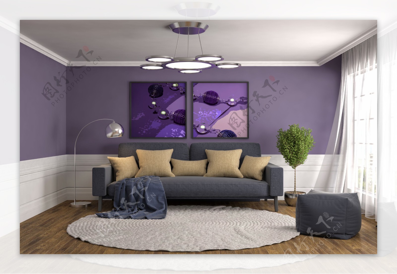 紫色奢华复古客厅效果图图片