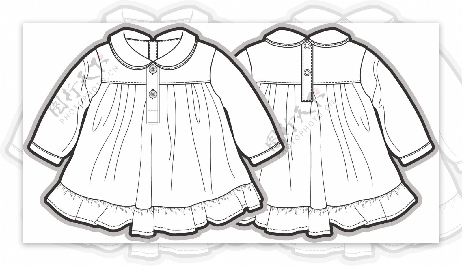 娃娃衣小宝宝黑白服装线稿矢量设计素材