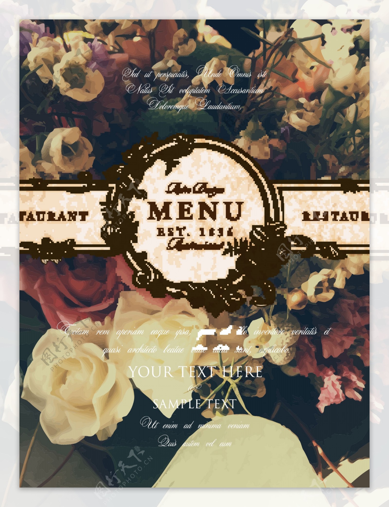 复古花朵背景餐厅菜单封面设计矢量素材