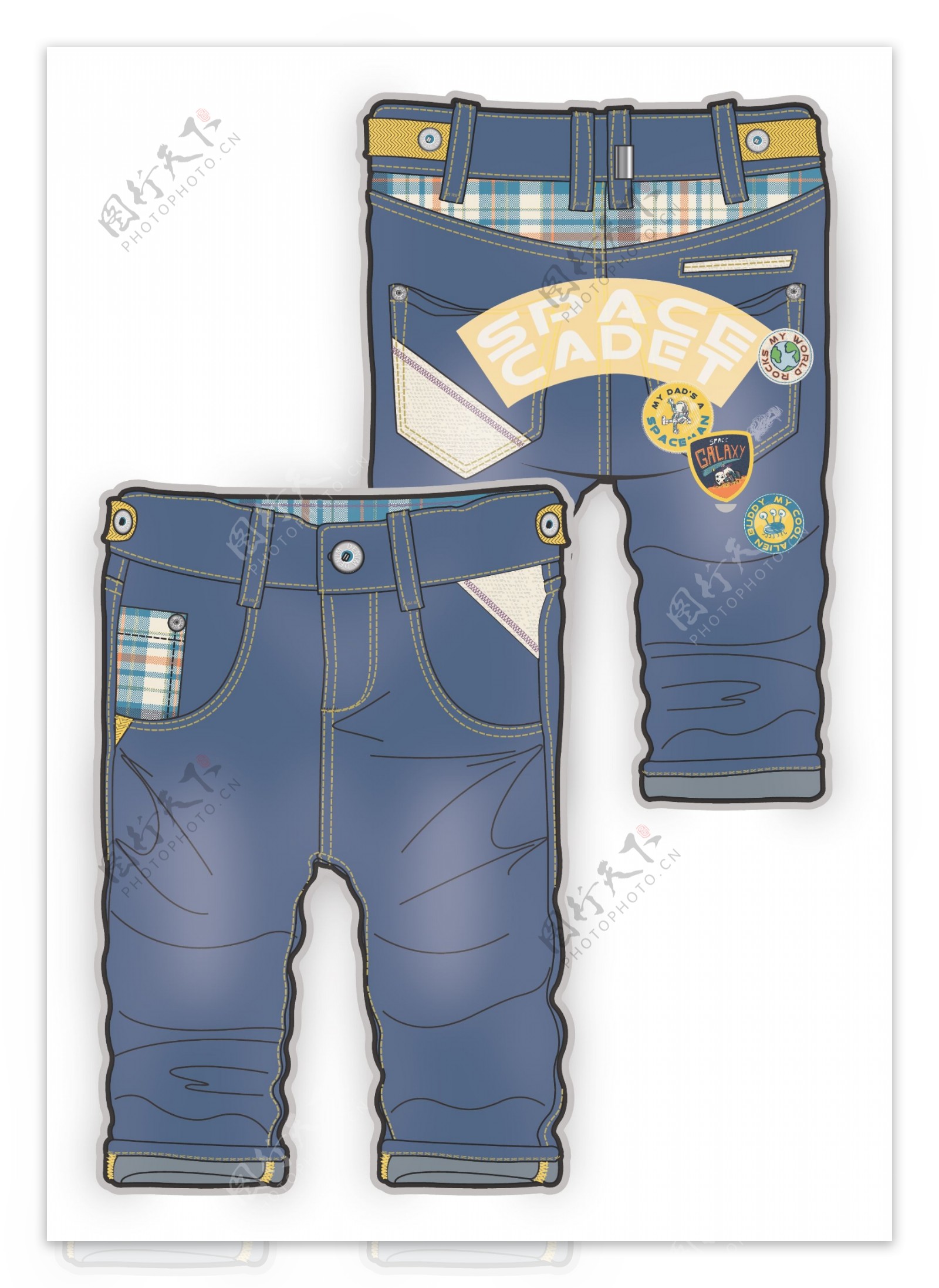 牛仔裤儿童男孩服装设计彩色矢量原稿