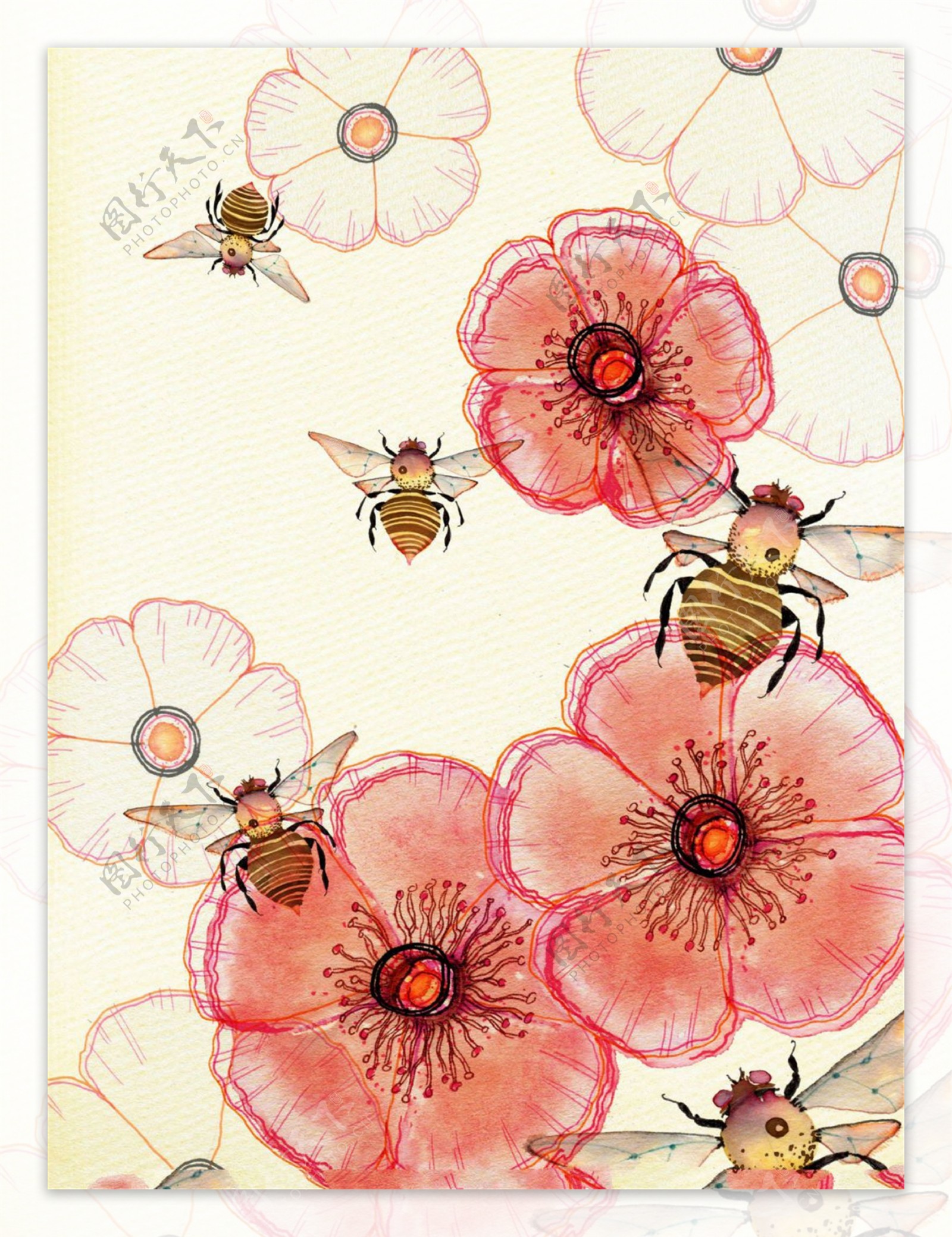 水彩蜜蜂采蜜插画图