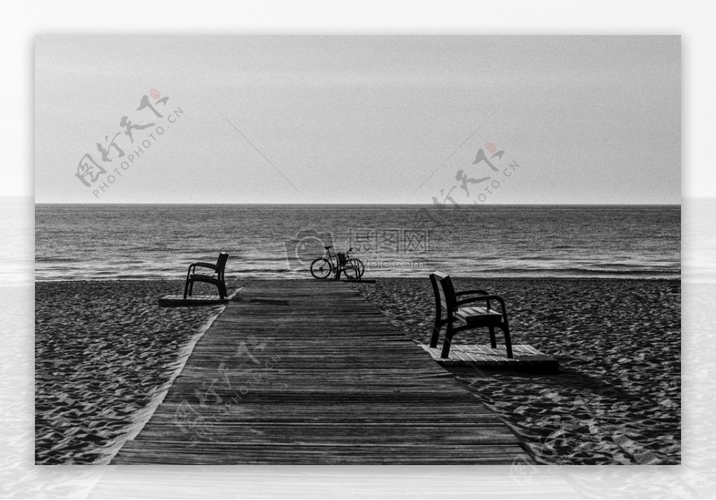自行车的灰度照片旁边海滨