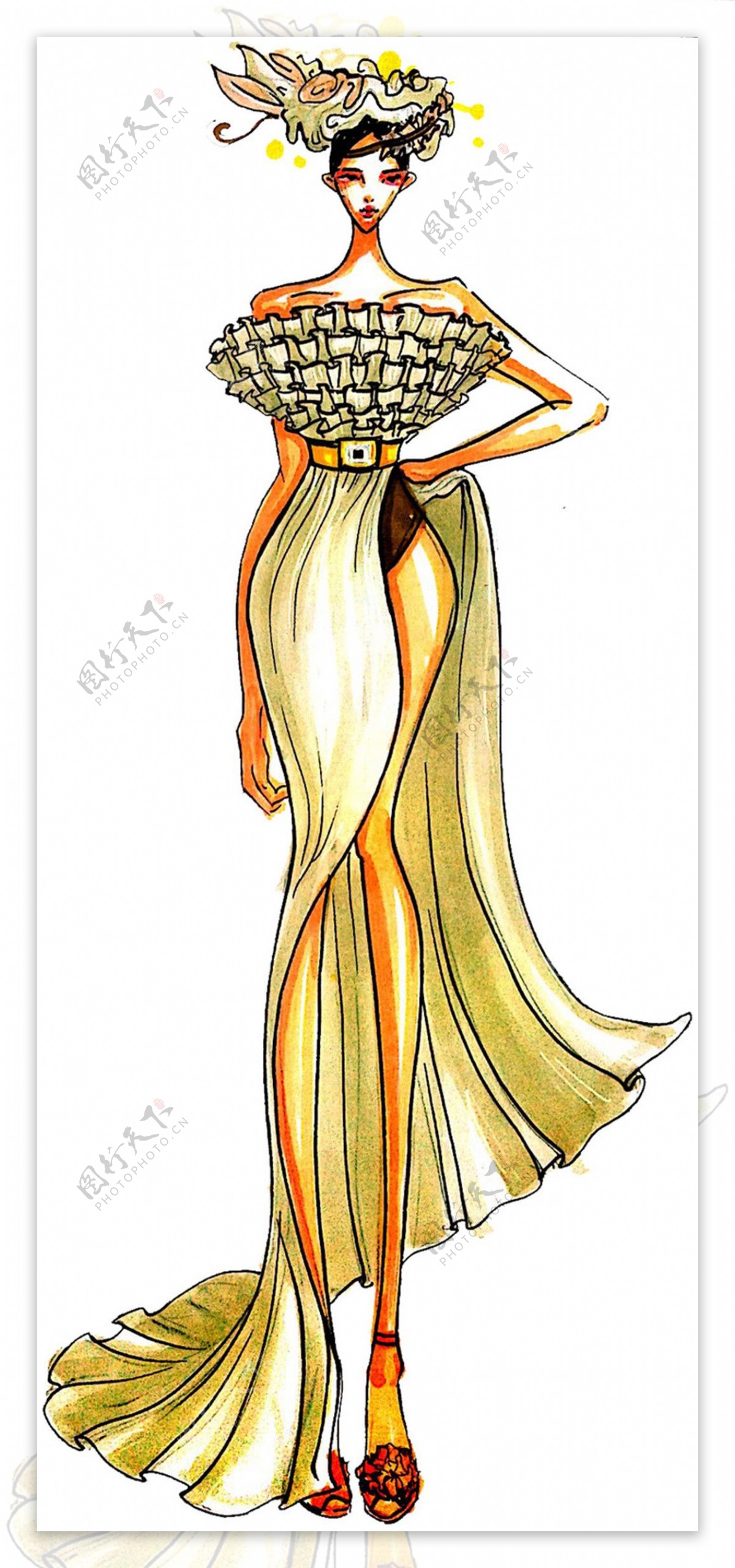 黄色时尚开叉长裙设计图