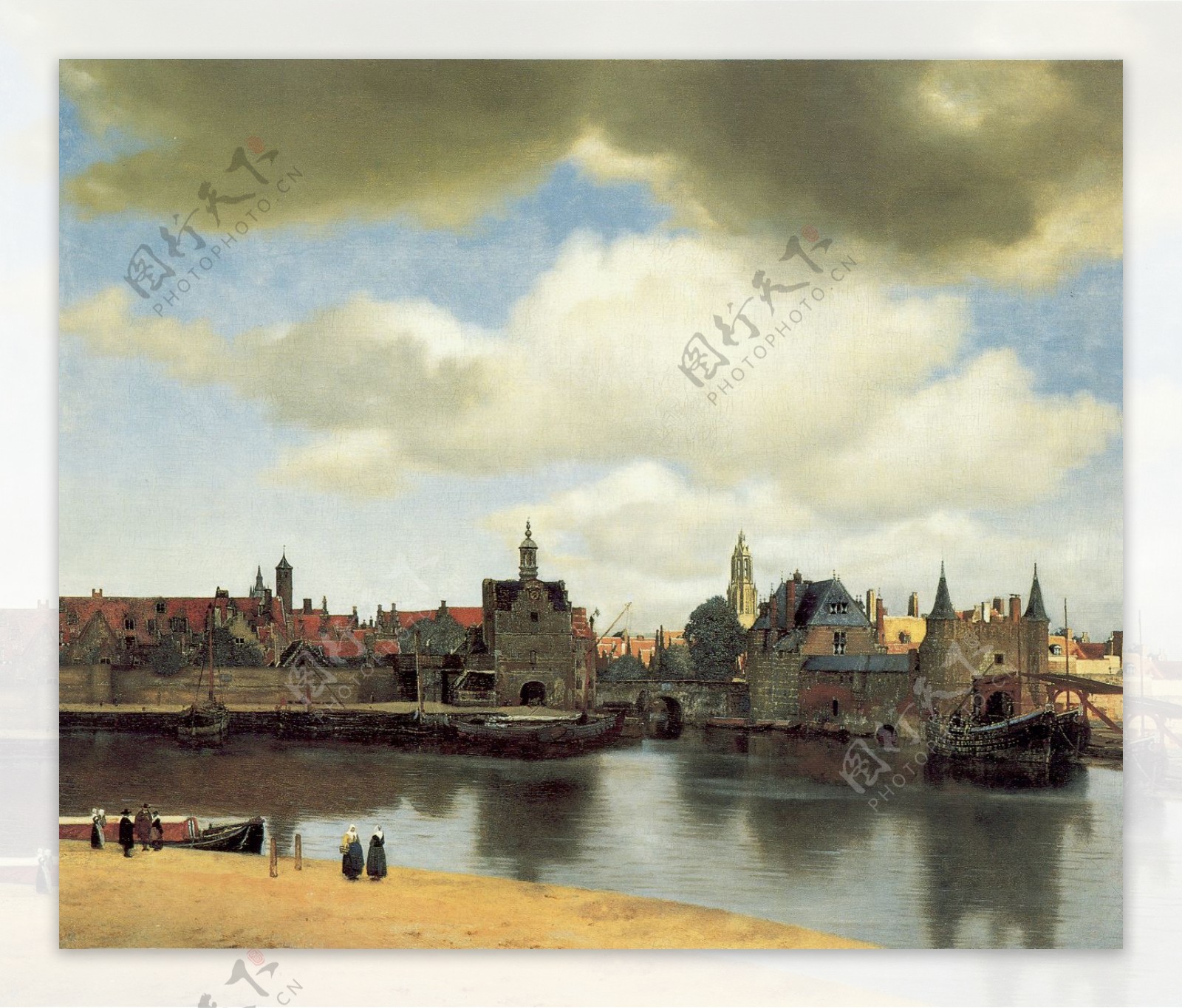 江边的欧洲古城风景画图片