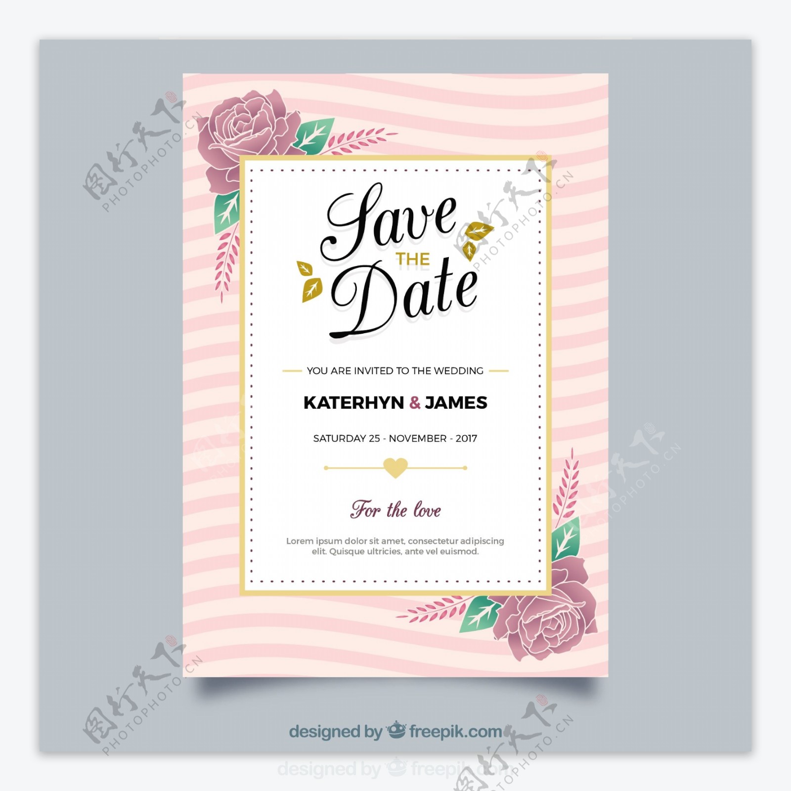 金色边框花卉插图粉红条纹婚礼邀请卡