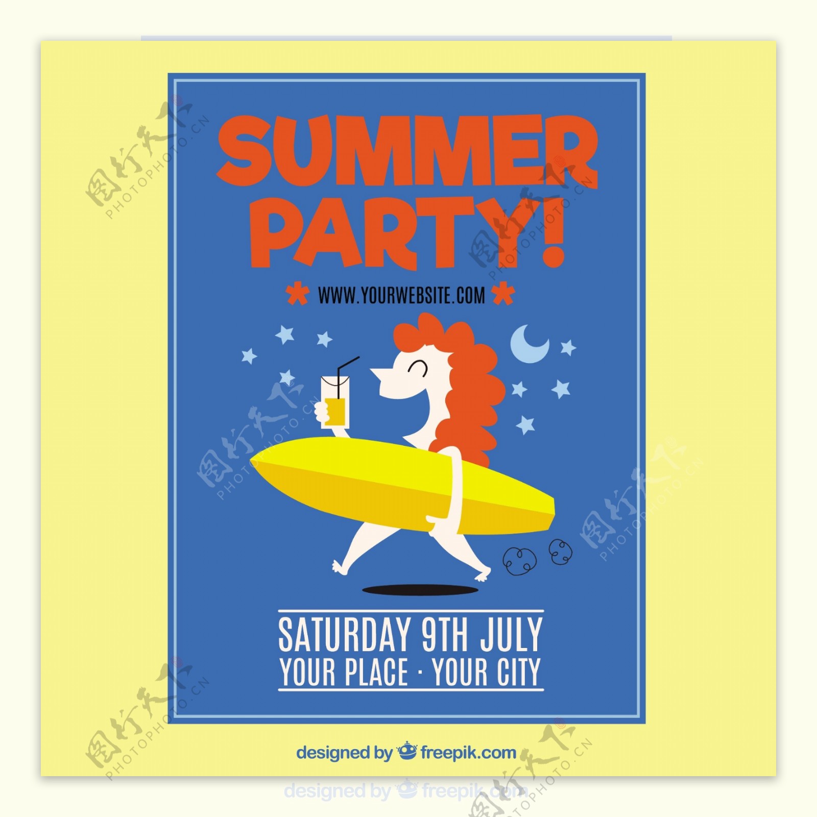 女孩冲浪板夏季派对海报