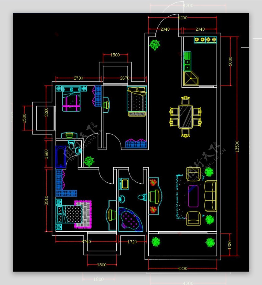 CAD室内布局平面户型设计图三室一厅