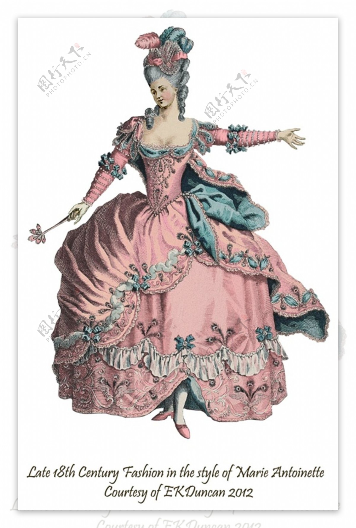 欧洲粉色古典洛可可长裙设计图