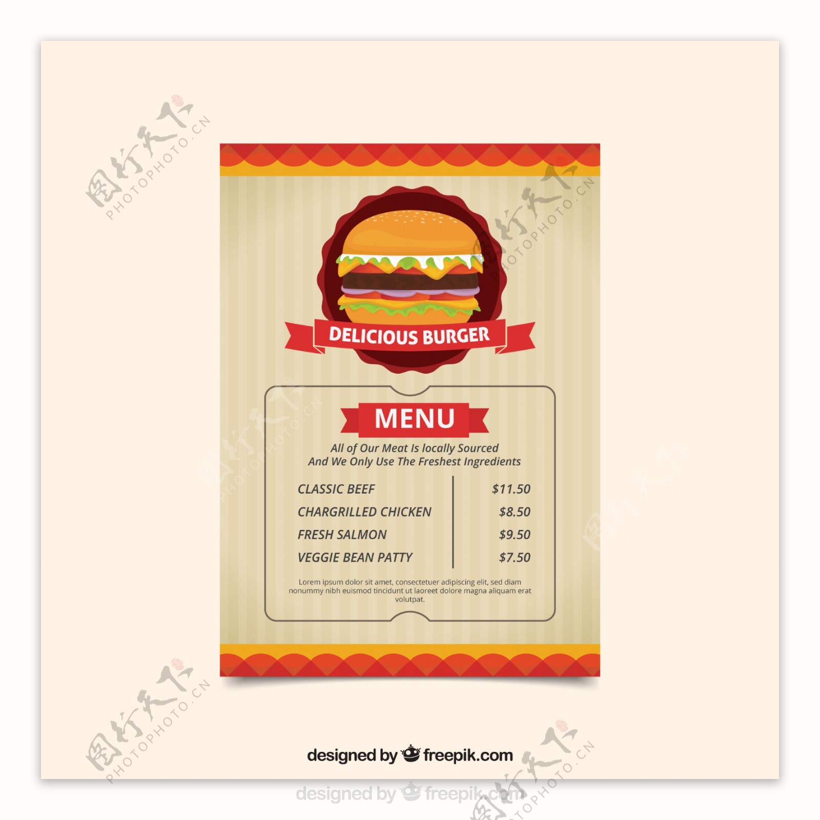 手绘复古风格汉堡插图菜单模板