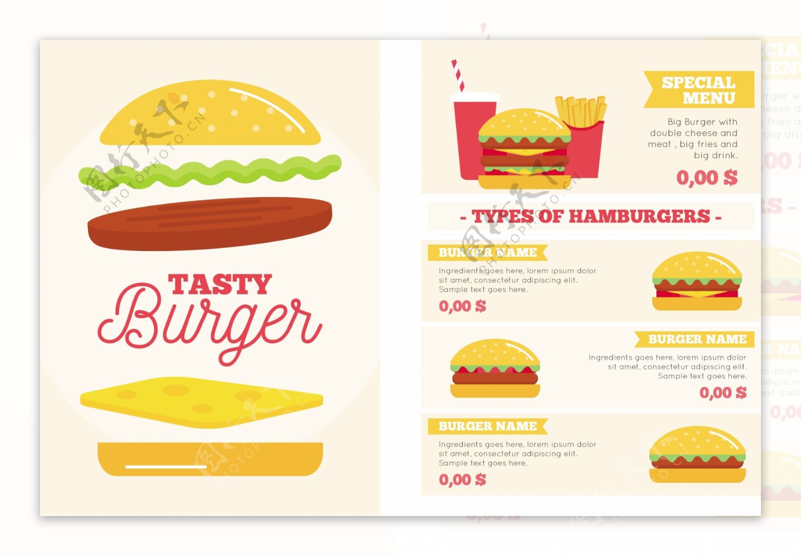 美味的汉堡菜单平面设计模板