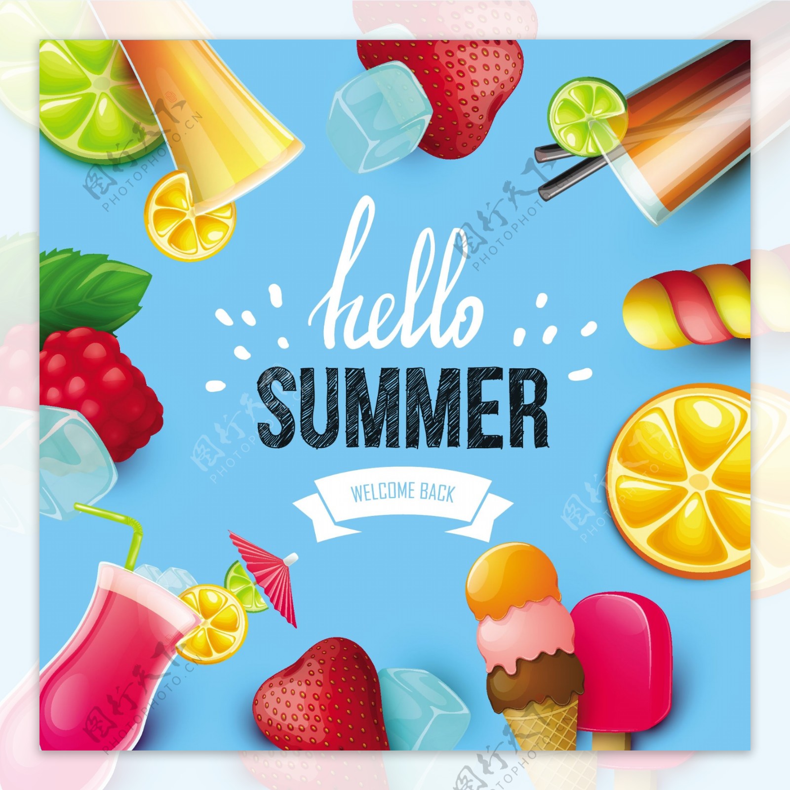 棒冰饮料夏日水果矢量海报
