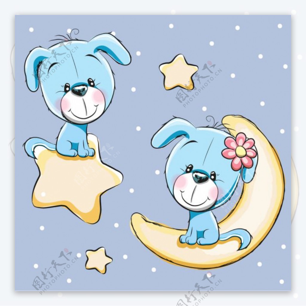 可爱的小狗在星星和月亮上卡通矢量素材