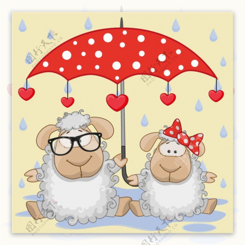 雨伞下可爱卡通动物绵羊矢量图素材