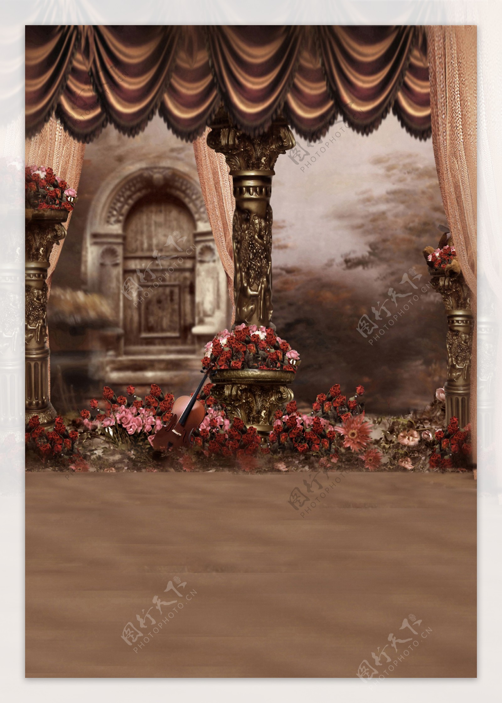 红色花朵与帐幔影楼摄影背景图片