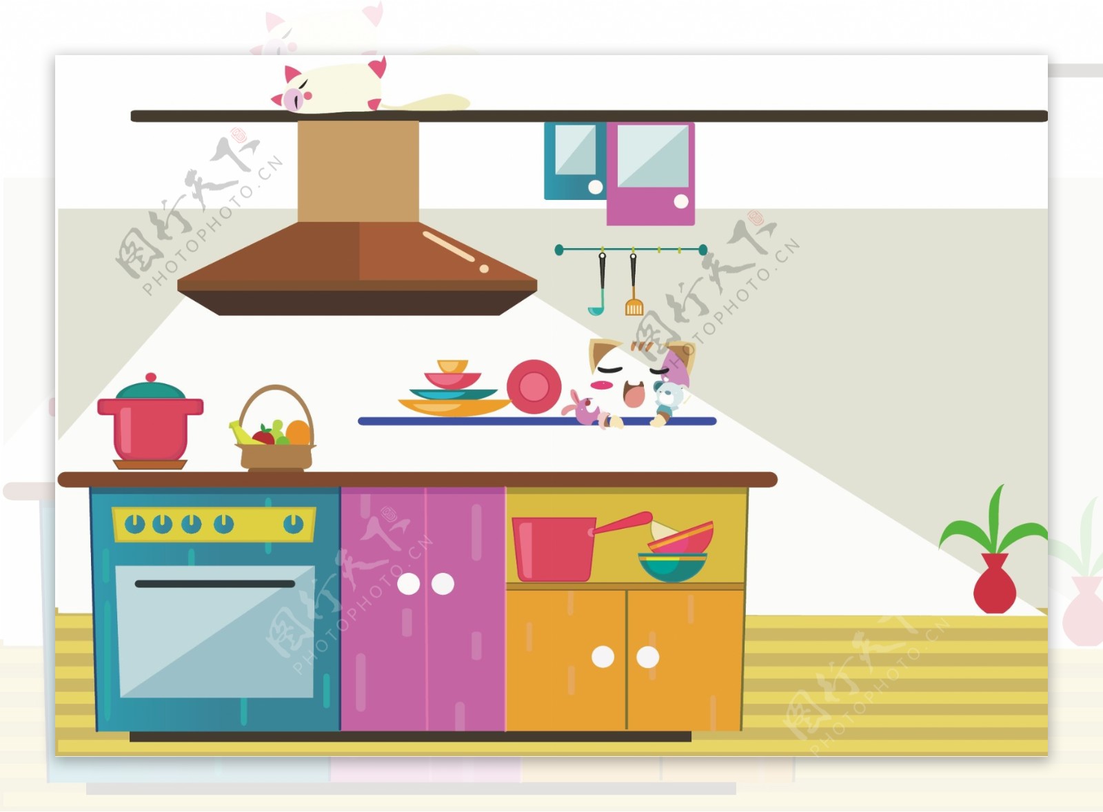 彩色厨房平面矢量图