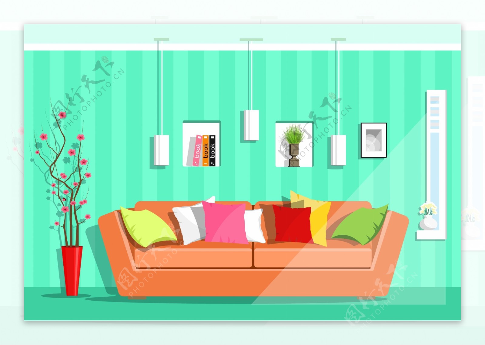 沙发家庭室内房间装饰设计卡通矢量素材