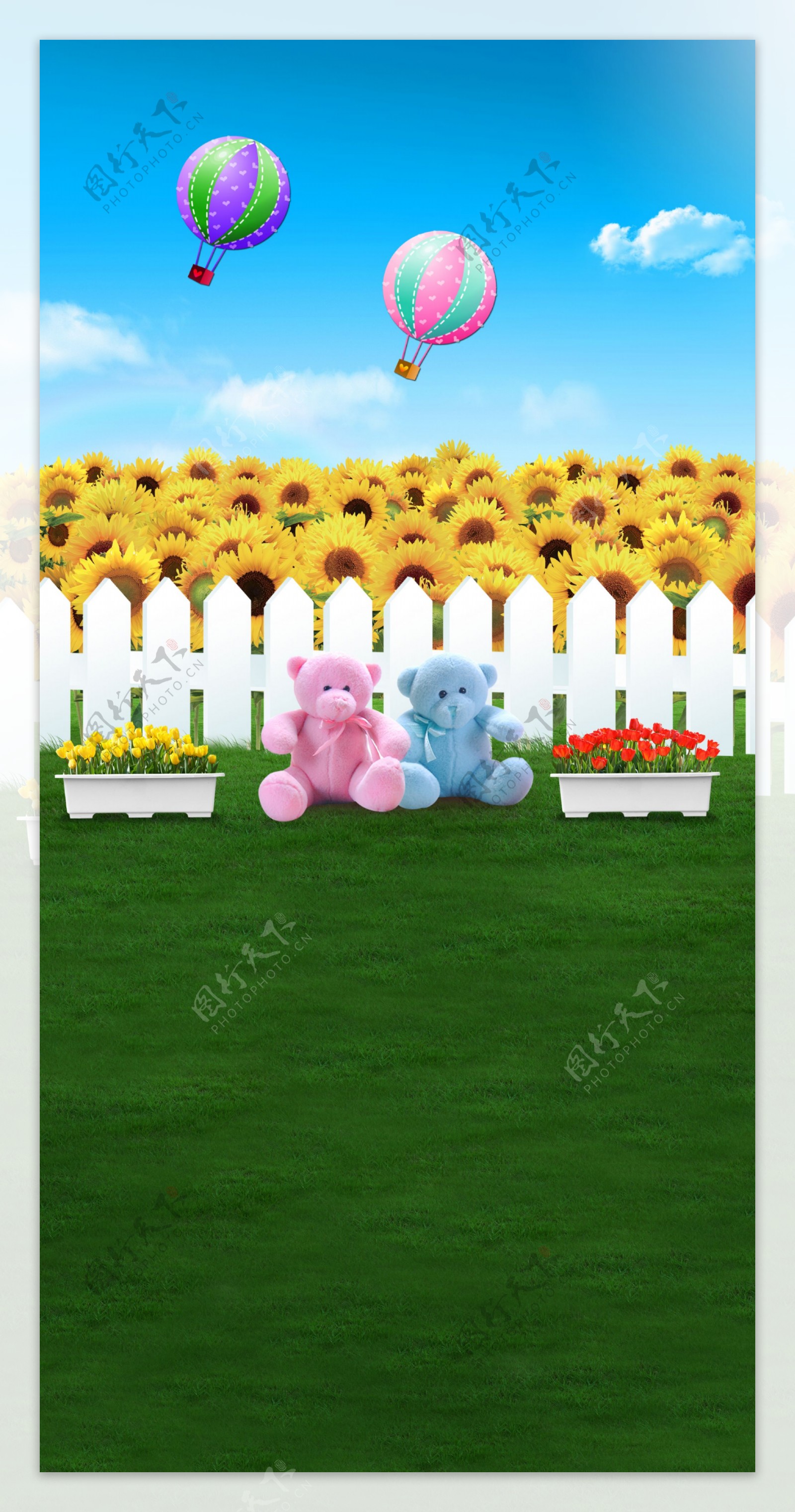 小熊与向日葵影楼摄影背景高清图片