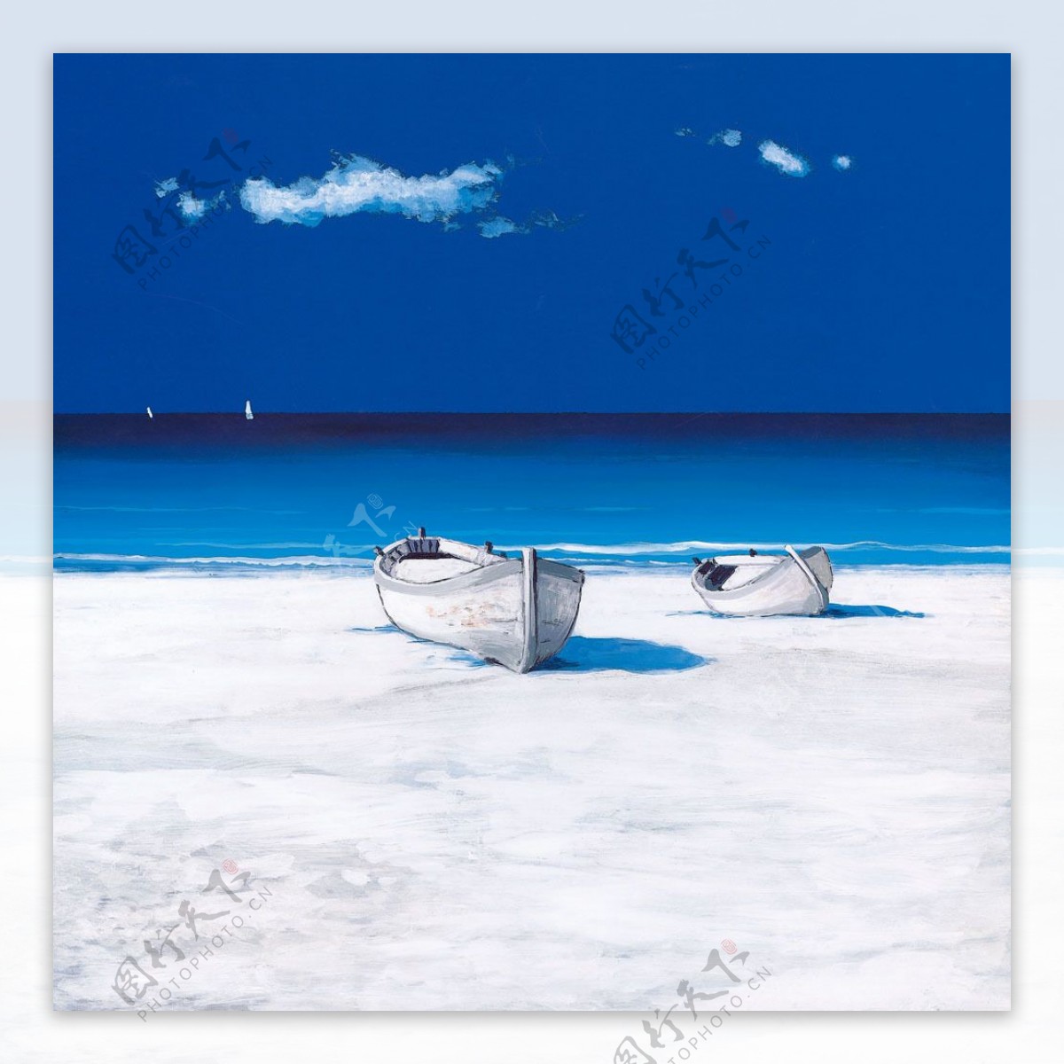 海滩小船风景油画图片