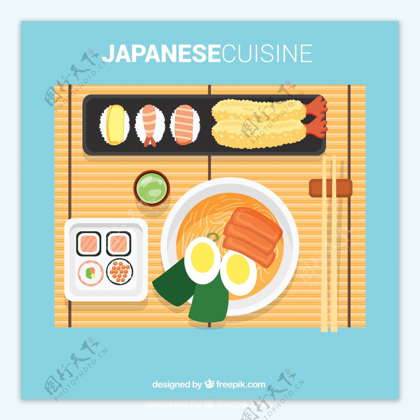 美味日本菜肴俯视图矢量素材