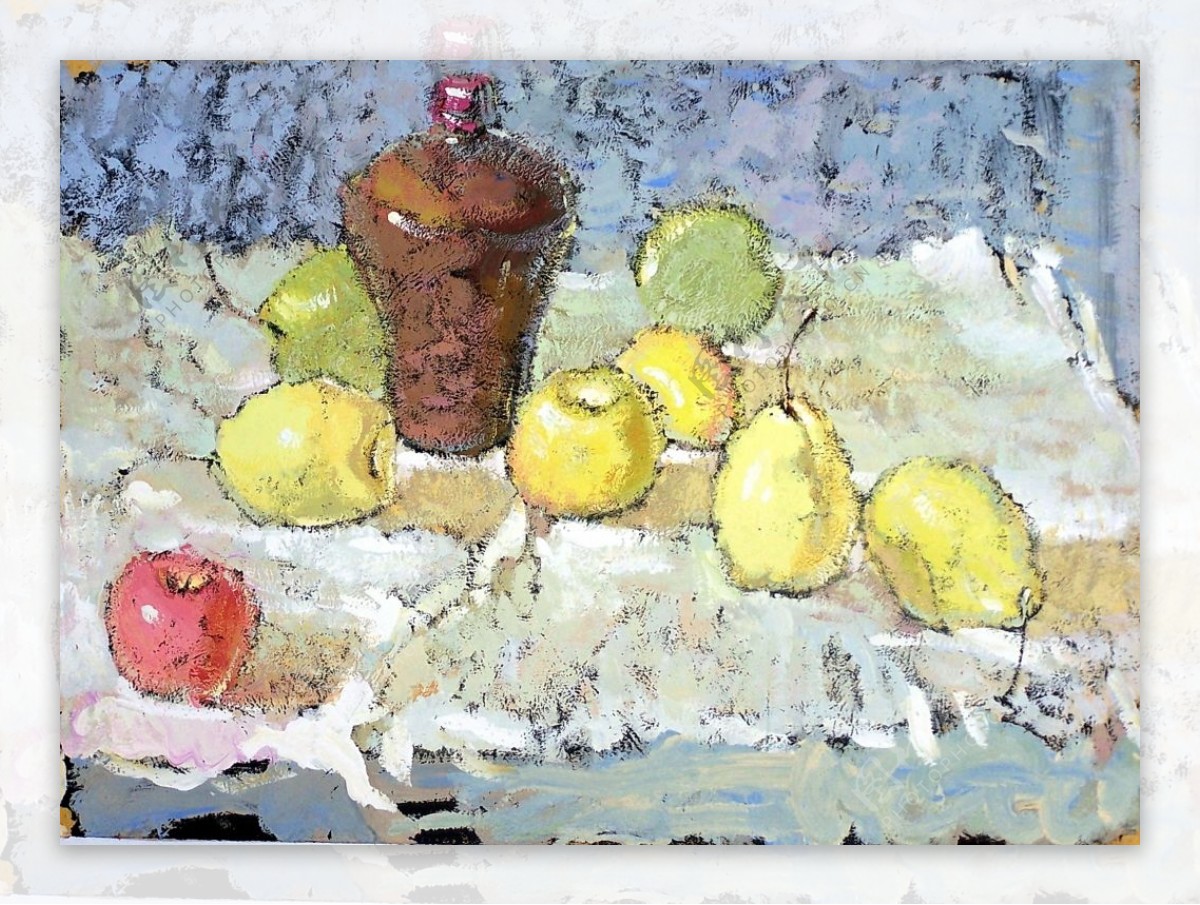酒瓶水果水粉画