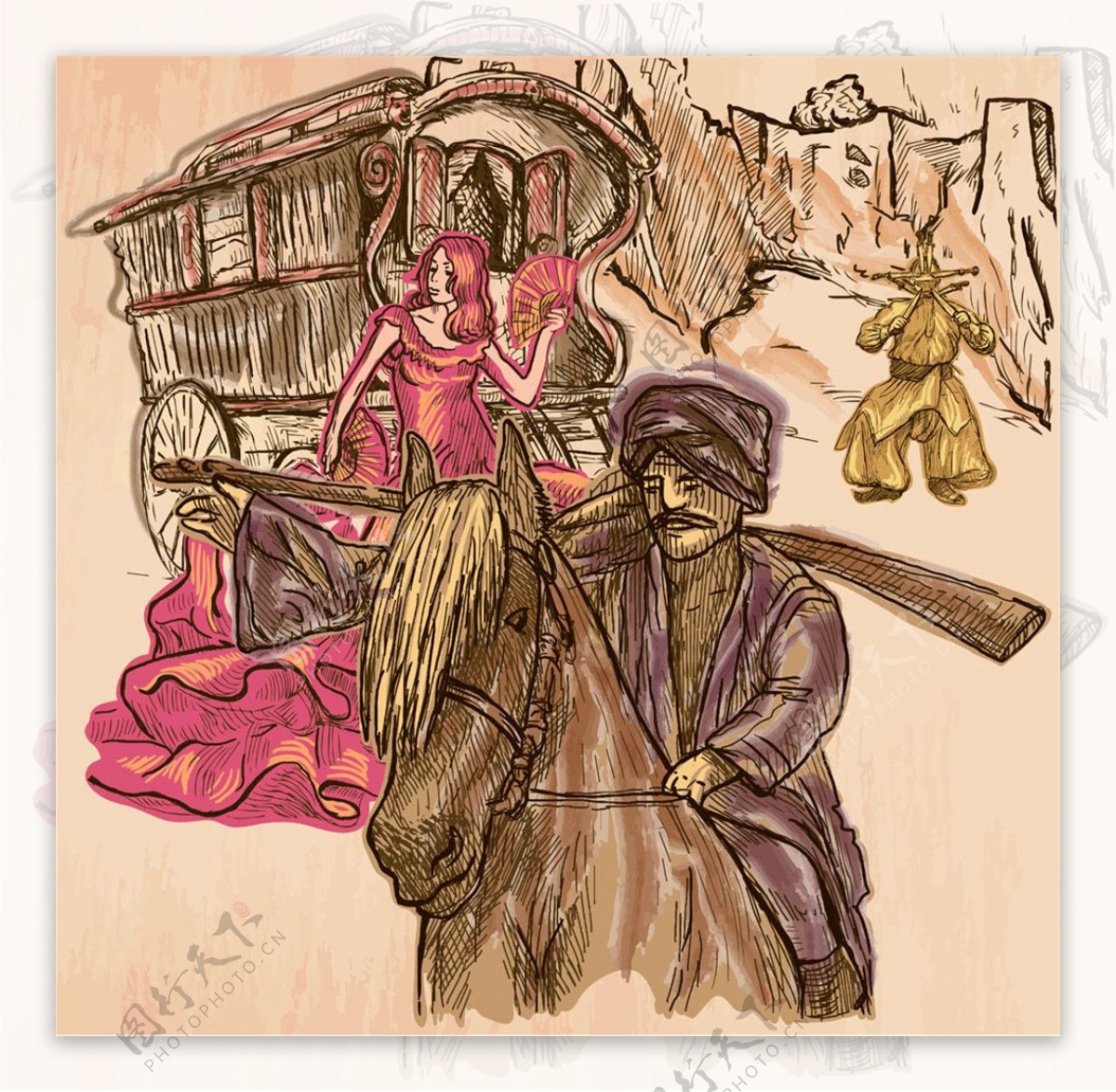 手绘男人与马车上的女人图片