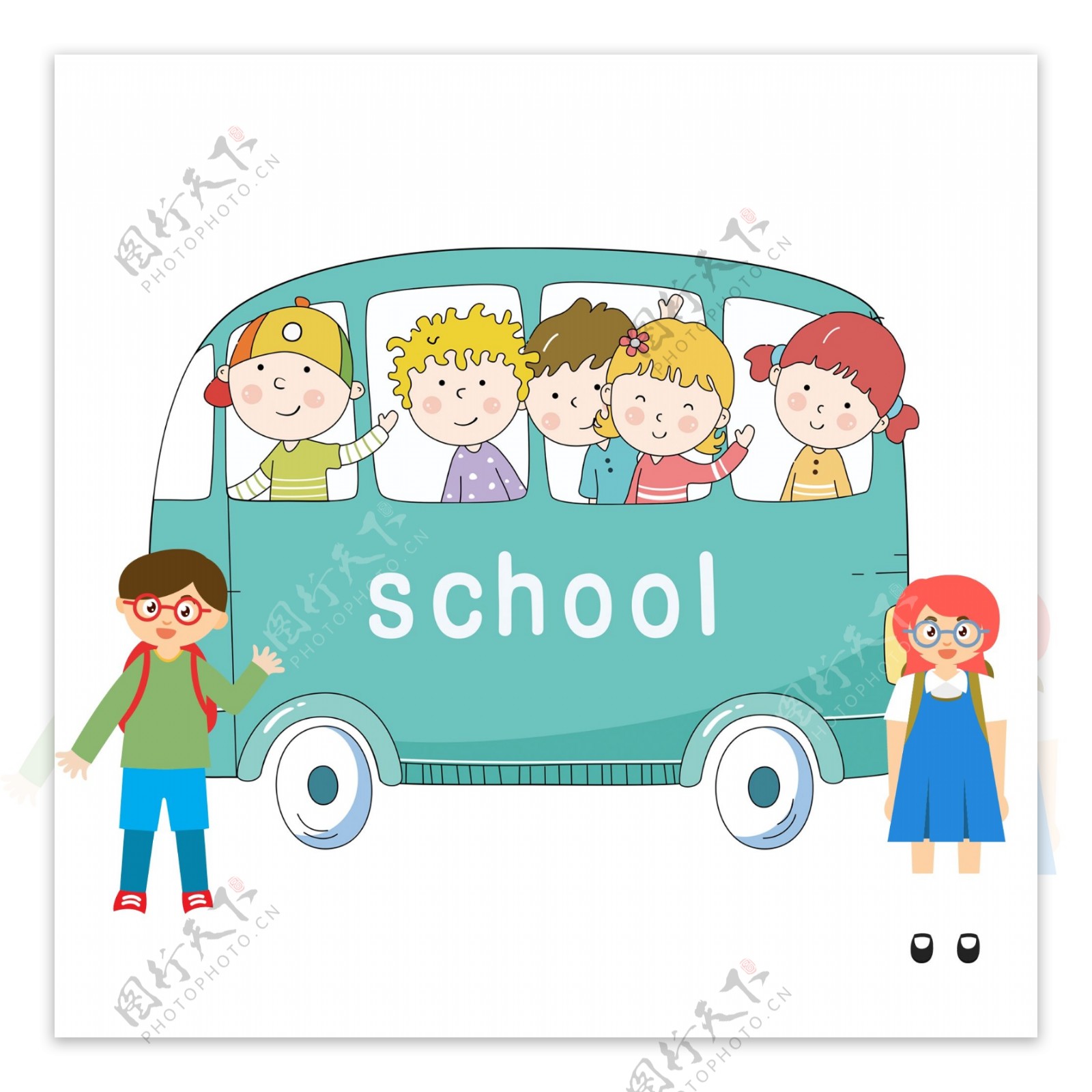 卡通校车和小学生