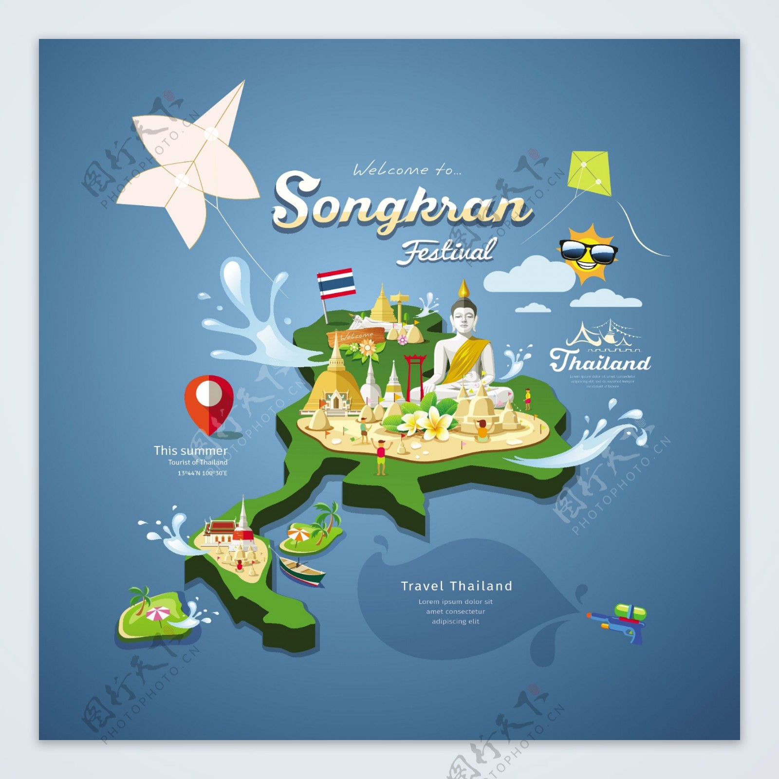 立体地图泰国旅游场景海报r元素矢量素材