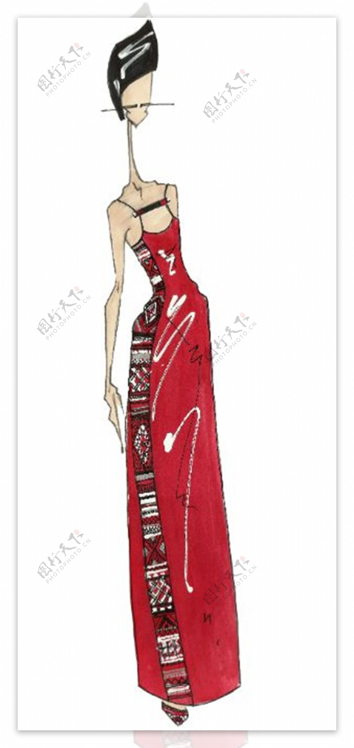 红色民族风吊带裙设计图