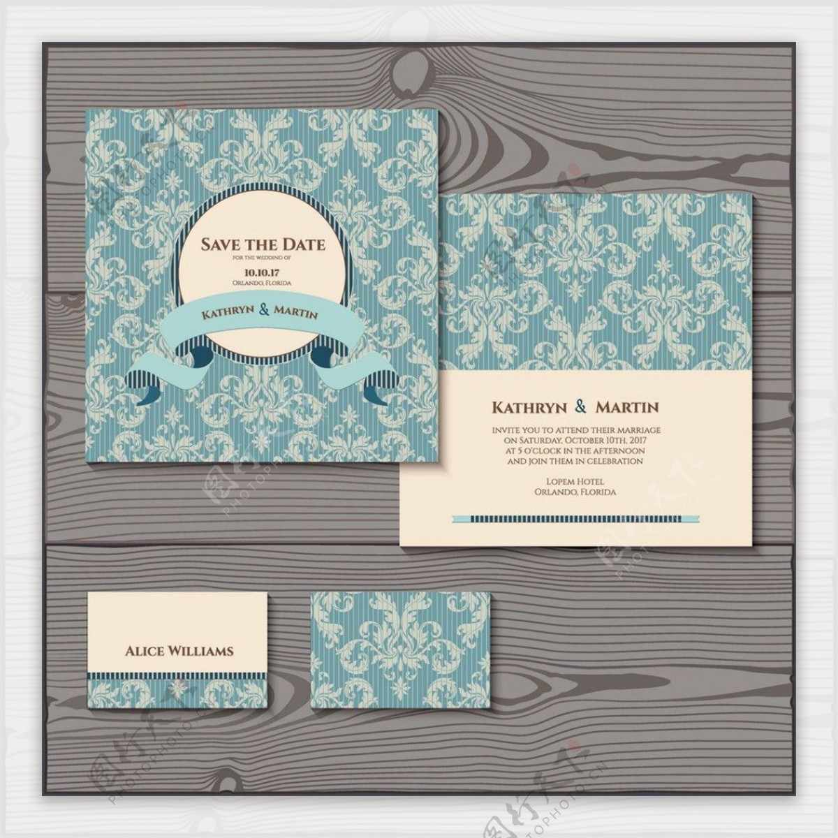 蓝色花纹婚礼卡片图片