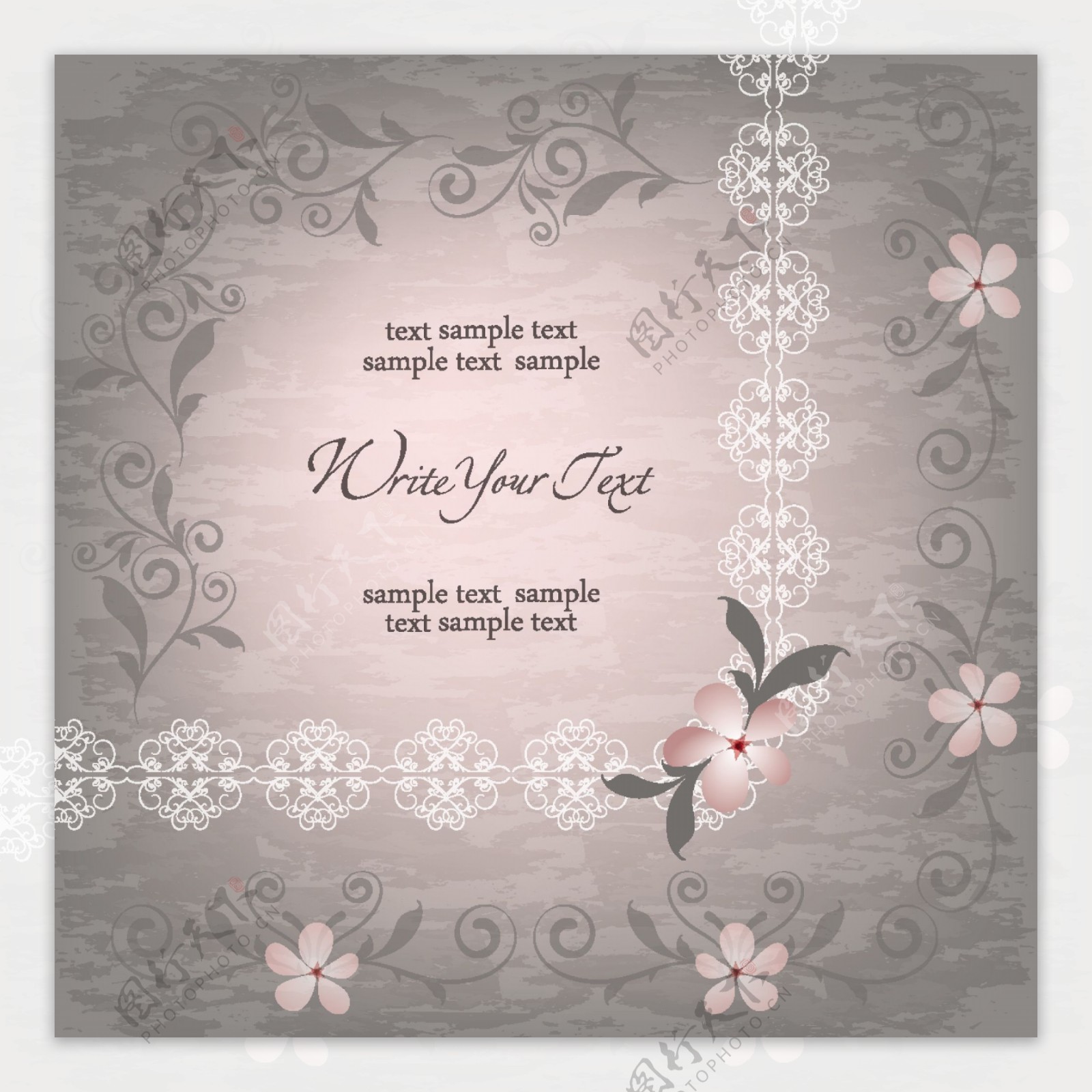 粉色花朵花边婚礼贺卡模板下载