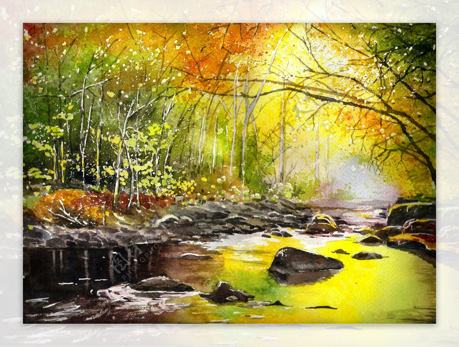 林间小溪风景油画图片